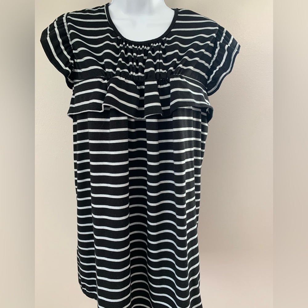 Perfect Peach Black and White Striped Ruffle Front Tunic Top